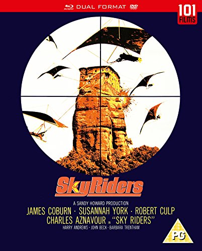 Sky Riders" Blu-ray cover: hang gliders circle a tall, rocky tower.