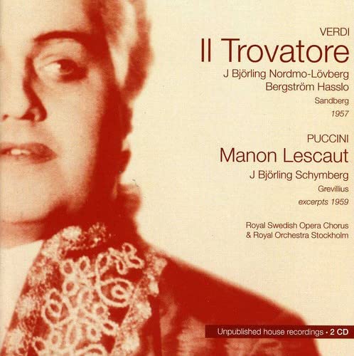 CD cover for Verdi’s Il Trovatore and Puccini’s Manon Lescaut, featuring J. Björling.