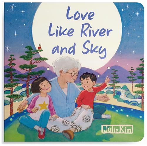 Grandma with two children sits under a moonlit sky, illustrated cover.