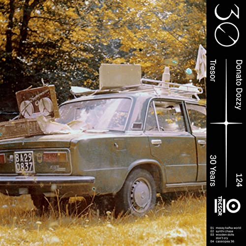 Vintage car with luggage on roof, album cover for Donato Dozzy’s “124”.