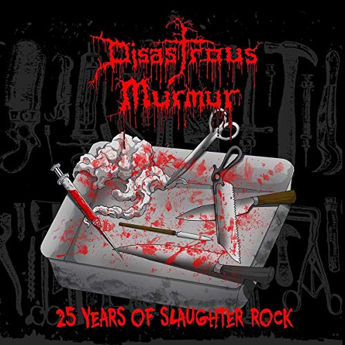 Album cover with bloody surgical tools in a tray, dark background.
