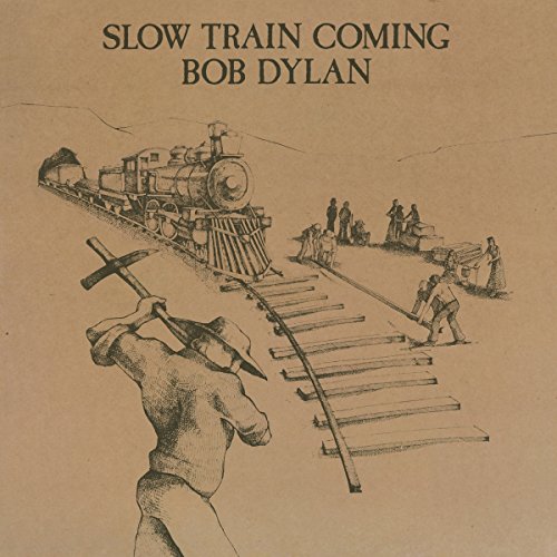 Line drawing of a man working on train tracks with a steam engine approaching.