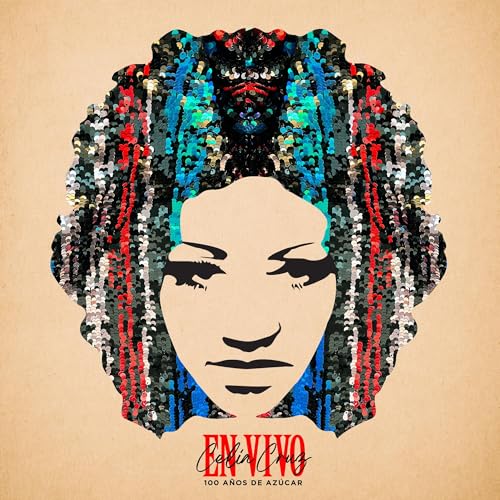Celia Cruz album cover: stylized portrait with colorful, textured hair.