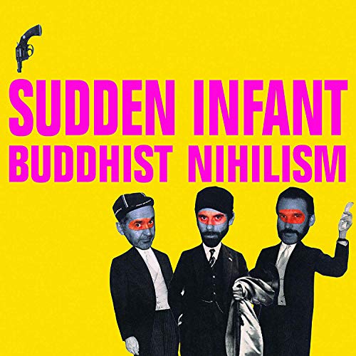 CD cover: yellow background, pink text, three men in suits, a gun.