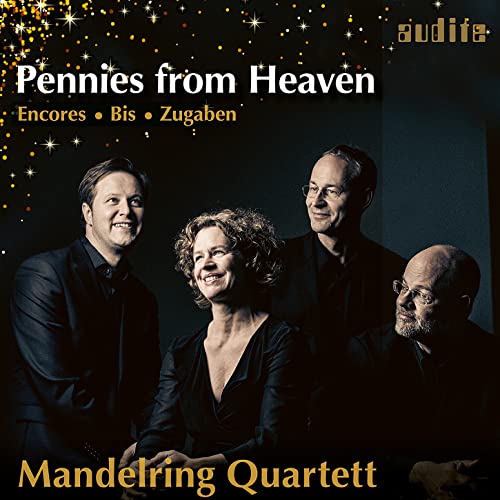 Mandelring Quartett album cover, four musicians with golden sparkles.
