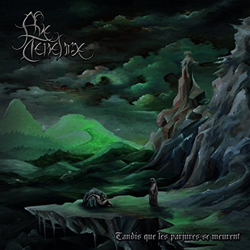 Dark fantasy landscape with figures, album cover for "Tandis Que Les Perjures Se Meurent".