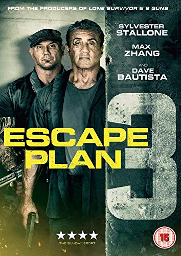 Escape Plan 3" DVD cover featuring Sylvester Stallone and Dave Bautista.