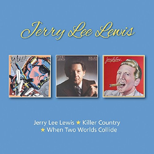 Jerry Lee Lewis album covers on blue background with yellow text and white text.