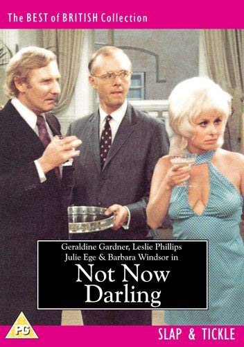 DVD cover for “Not Now Darling” featuring three actors in formal wear.
