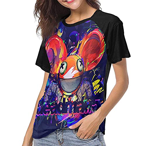 Woman wearing a black t-shirt with a colorful, cartoon mouse design.