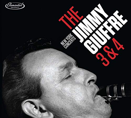 Black and white portrait of Jimmy Giuffre playing a clarinet, album cover.