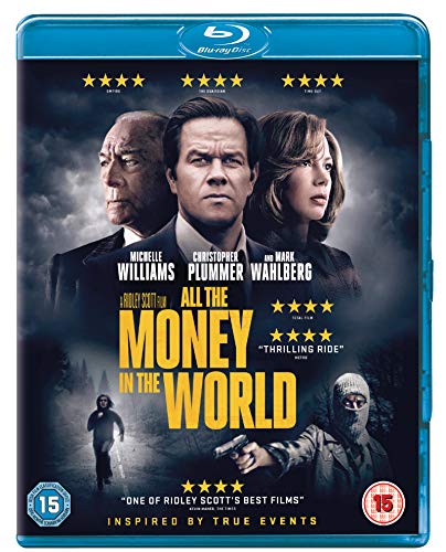 Blu-ray cover for "All The Money In The World" featuring Plummer, Wahlberg, and Williams.