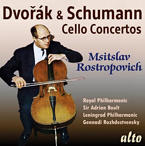 Rostropovich playing cello, album cover for Dvorak & Schumann concertos.
