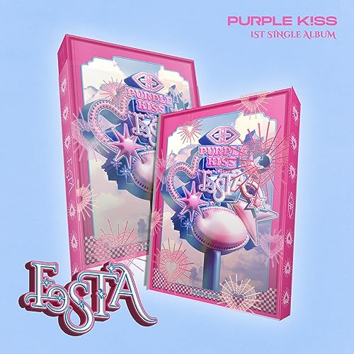 Purple Kiss "Festa" CD album cover with pink frames and star graphics.
