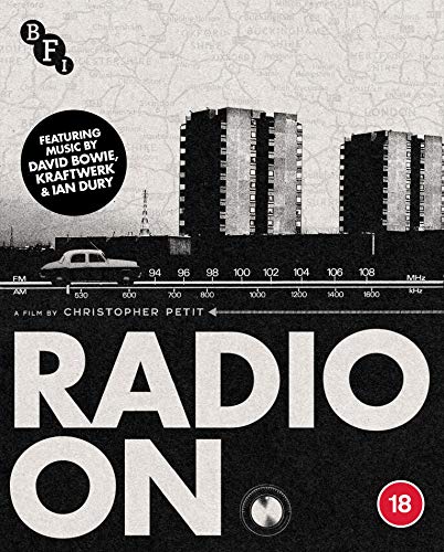 Radio On" Blu-ray cover with brutalist architecture, a car, and radio waves.
