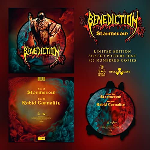 Benediction Stormcrow vinyl record with dark, gothic album art and tracklist.