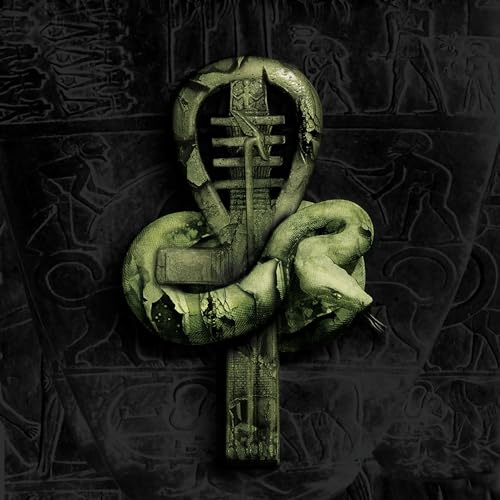 Dark green ankh symbol with a coiled snake, ancient Egyptian background.