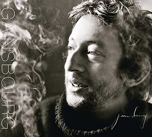 Black and white portrait of Serge Gainsbourg with smoke and text.