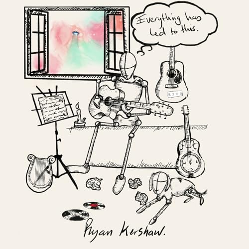 Sketch of a wooden mannequin playing guitar with instruments and a dog.