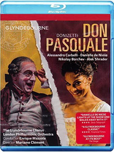 Blu-ray cover for Don Pasquale, featuring opera singers and Glyndebourne branding.
