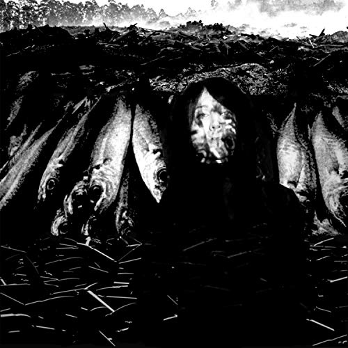 Black and white album cover featuring a face obscured by fish.