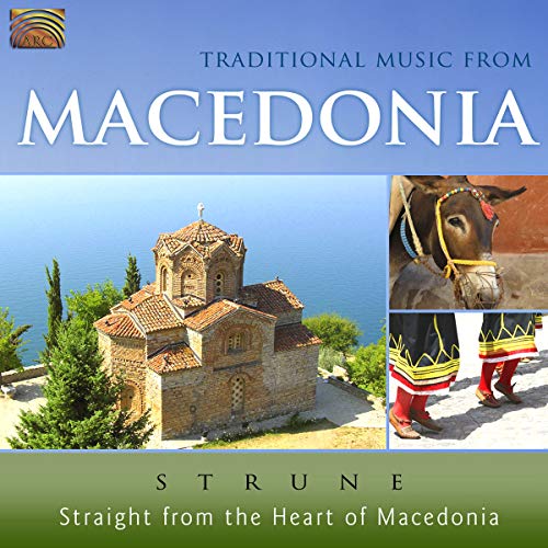 CD cover for Macedonian traditional music, featuring a church and donkey.