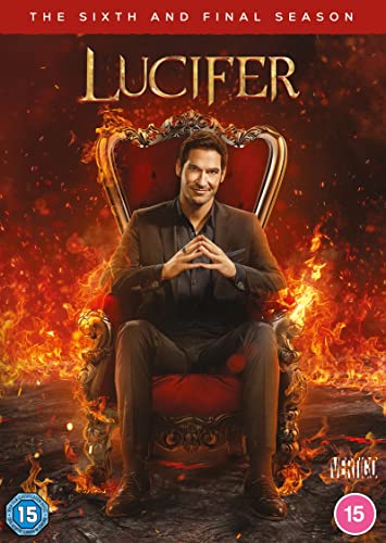 Lucifer sitting on a throne surrounded by flames on a DVD cover.