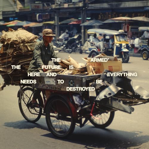Vinyl album cover featuring a man pushing a cart through a busy street.