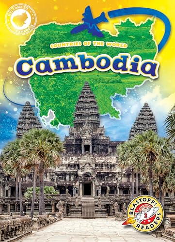 Book cover featuring Cambodia’s map, Angkor Wat temple, and airplane.