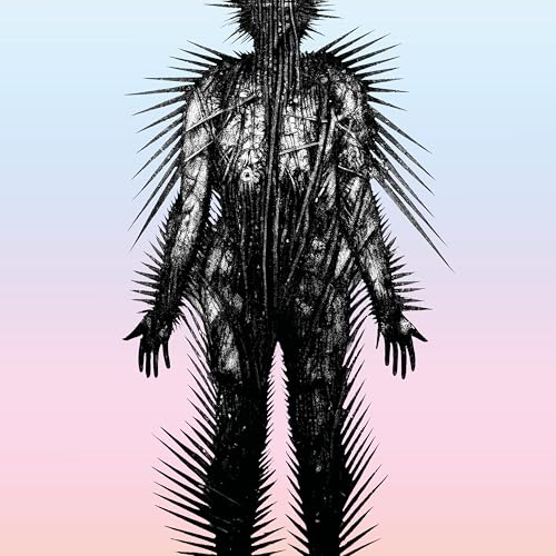 Black and white illustration of a spiky, humanoid figure against a pink gradient.