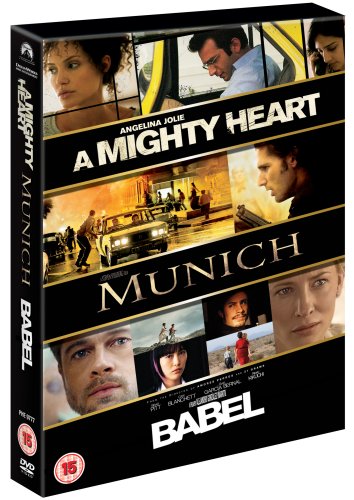 DVD cover featuring collage images from the films A Mighty Heart, Munich, and Babel.