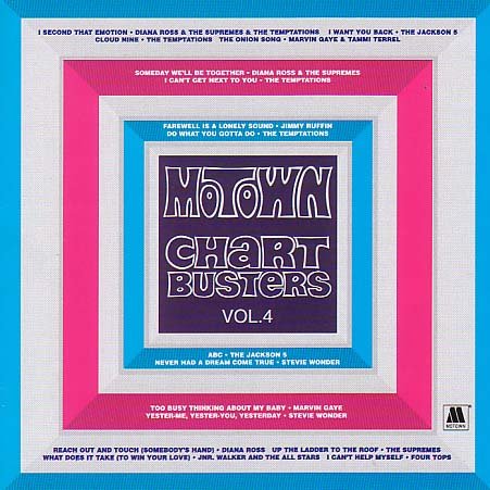 CD cover for “Motown Chartbusters Vol. 4” with pink and blue geometric design.