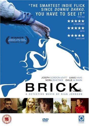 Brick" DVD cover with abstract white design, cast photos, and blue background.