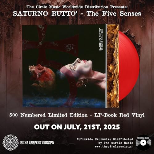 Red vinyl record with album cover featuring a face and skull imagery.