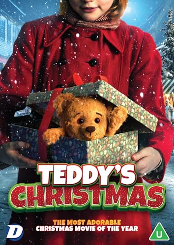 Girl in red coat holding a gift box with a teddy bear.