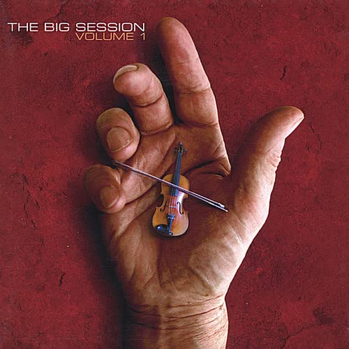 A large hand holds a miniature violin against a textured red background.