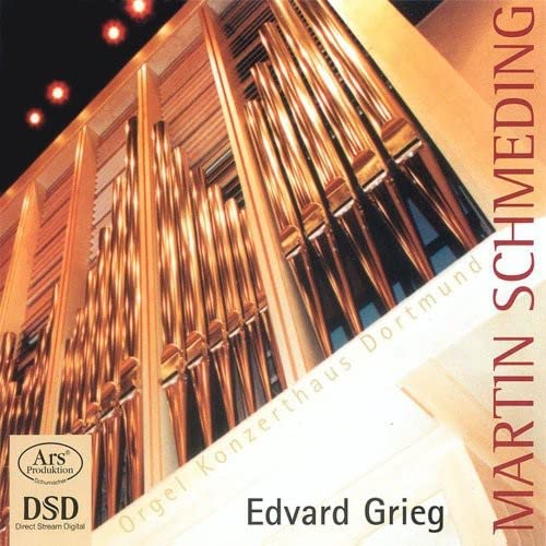 CD cover featuring golden organ pipes and text: “Martin Schmeding, Edvard Grieg.”