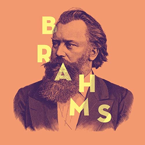 Portrait of Johannes Brahms with his name spelled out in gold letters.