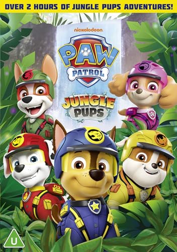 Paw Patrol characters in jungle gear on a DVD cover.