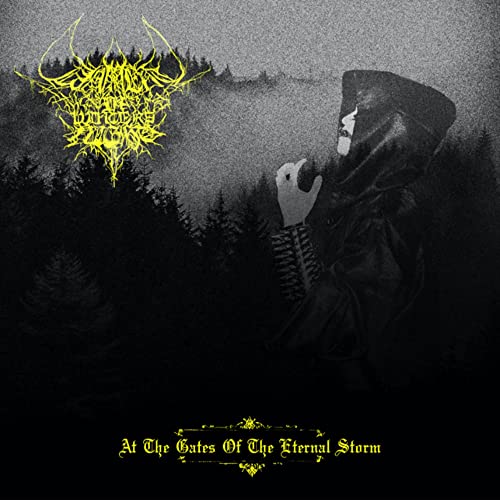 Dark album cover with a hooded figure in a snowy forest landscape.