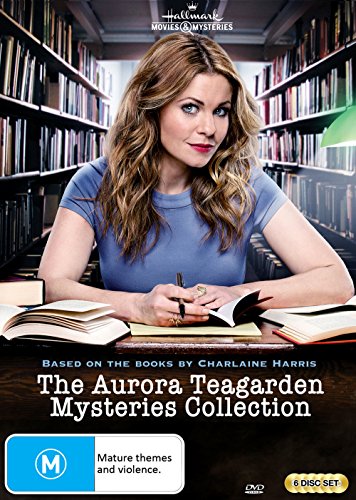 Woman with books in a library, DVD cover for "Aurora Teagarden Mysteries.