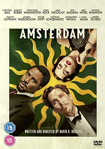 DVD cover for "Amsterdam" featuring Christian Bale, Margot Robbie, and John David Washington.
