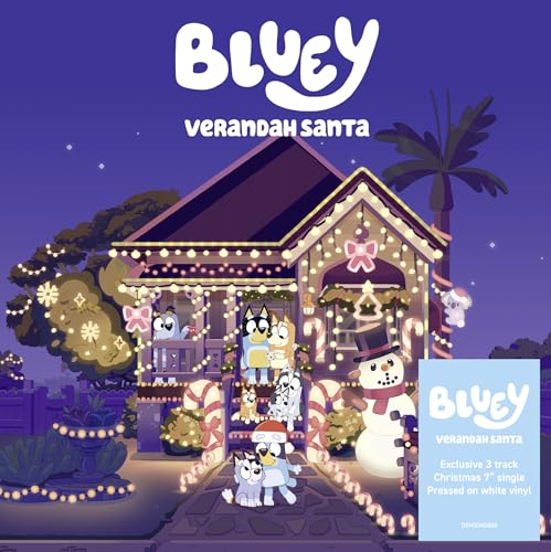 Bluey" characters decorate a house for Christmas with lights and a snowman.