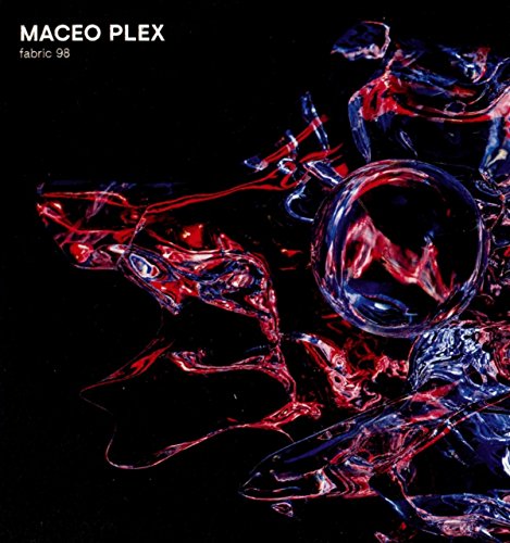 Black background with abstract blue and red crystalline shapes and text.