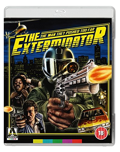 Blu-ray cover for “The Exterminator” featuring a man with a gun.