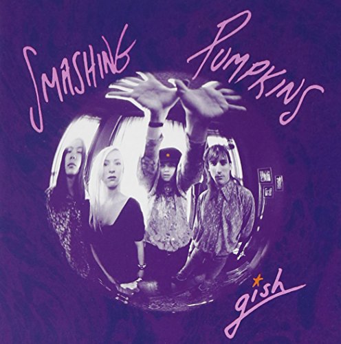 Fisheye lens photo of The Smashing Pumpkins band members against a purple background.