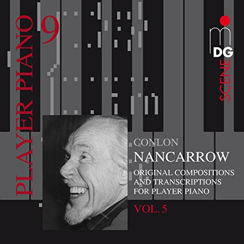 CD cover for Conlon Nancarrow’s player piano compositions, featuring his portrait.