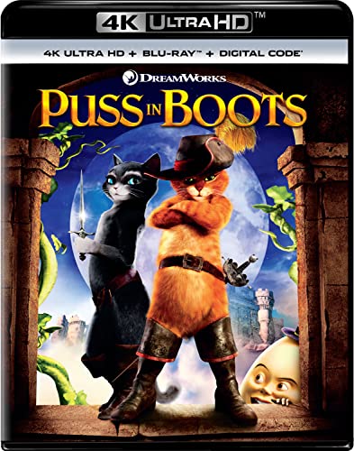 Puss in Boots Blu-ray cover featuring two cats and a beanstalk.