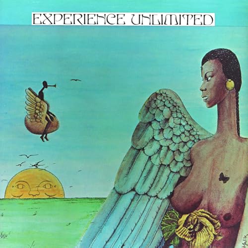 Album cover with a woman, wings, a sun with a face, and a musician.