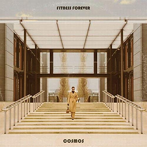 CD cover: Man in coat walking up stairs toward a building.